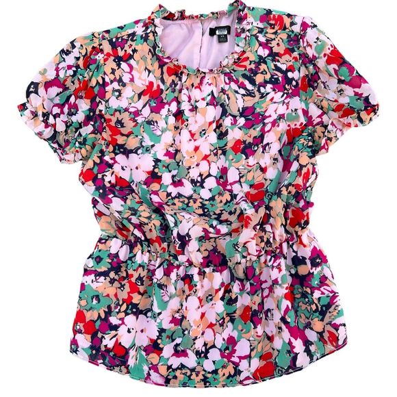 J.CREW XS Ruffle Neck Blouse Floral Print Chiffon Peplum Short Sleeve‎ Keyhole - Picture 1 of 15